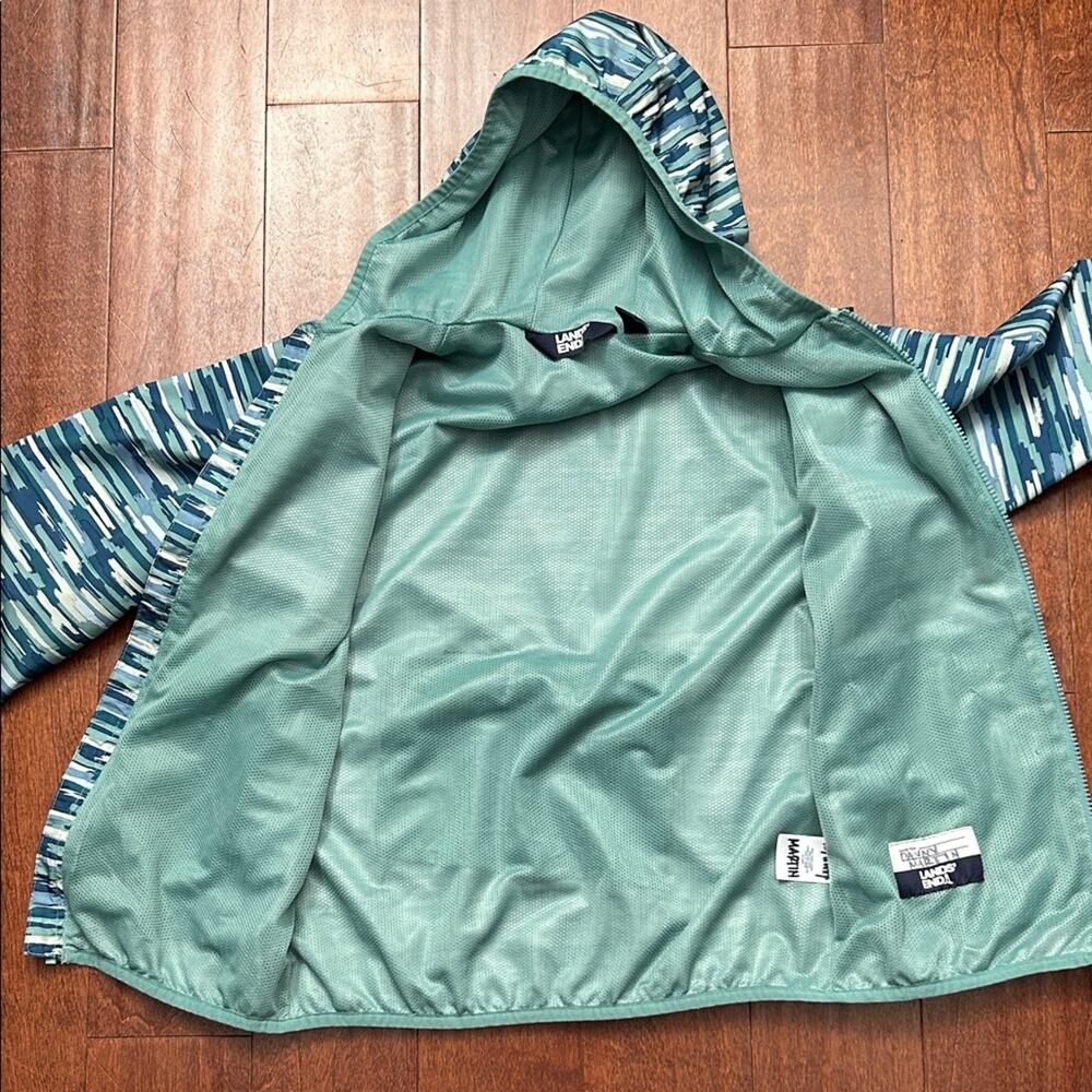 Lands' End Kids Teal Striped Hooded Windbreaker, Packable, Size Large 10-12 - Picture 13 of 14